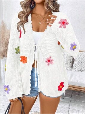 White crochet Cardigan with Multicolor Floral Embroidery